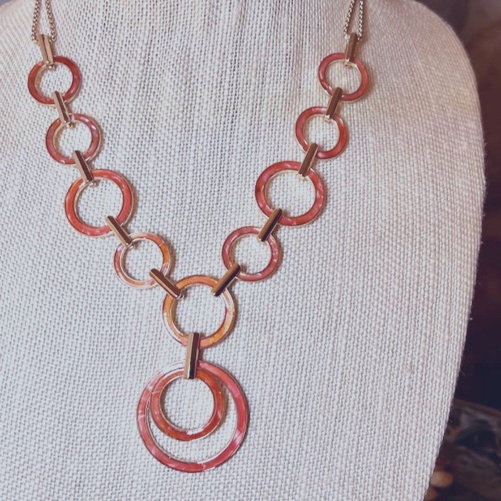 Statement Necklace, Gold Tone with Medium Coral Enamel Circles NWOT